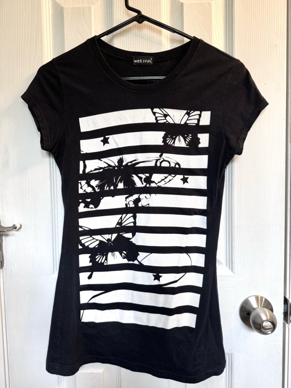Wet Seal Black and White Striped Butterfly Graphic Tee